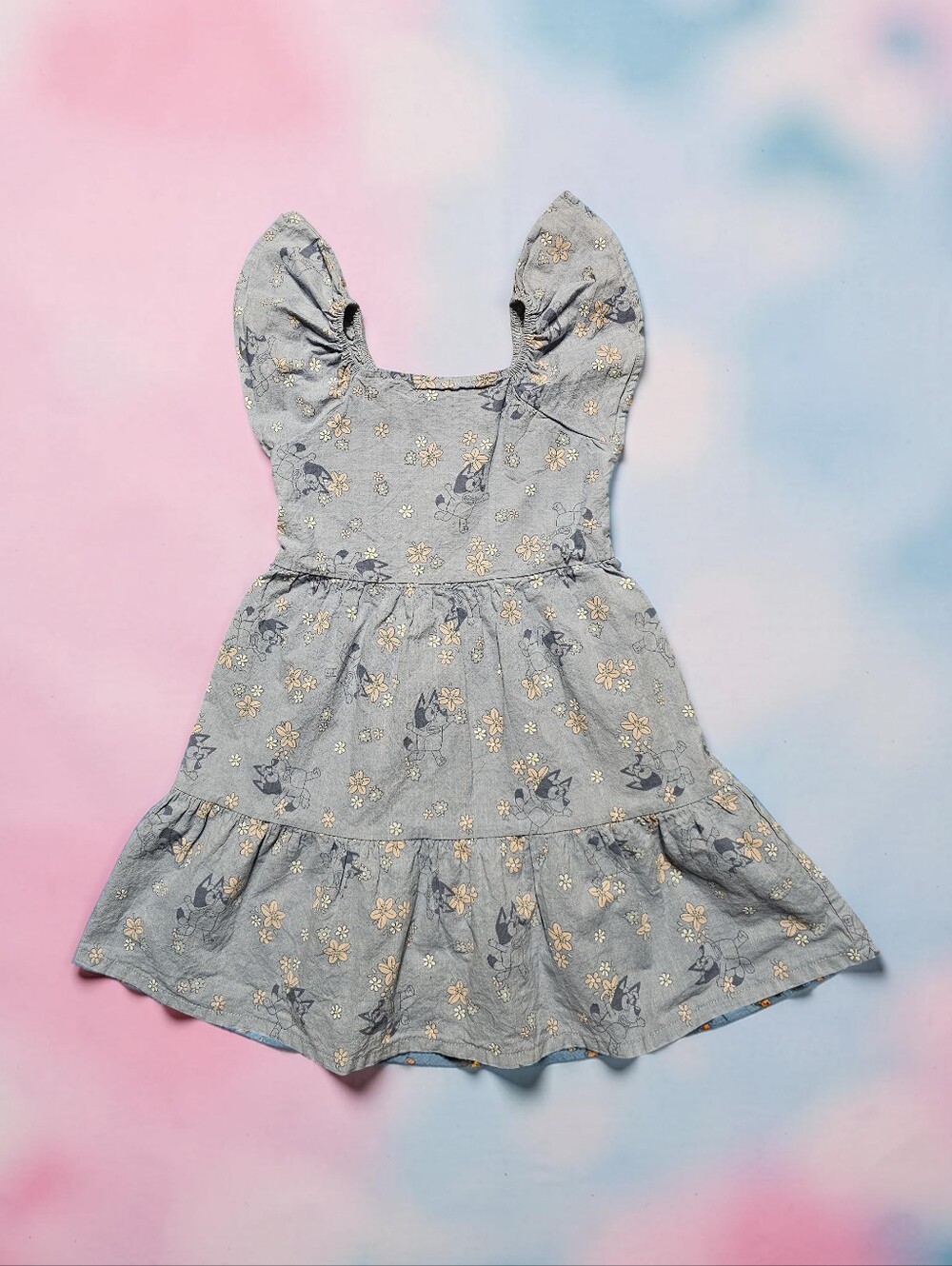 BLUEY Girls' Light Blue Floral Tiered Dress. Size 5T. Excellent Condition!